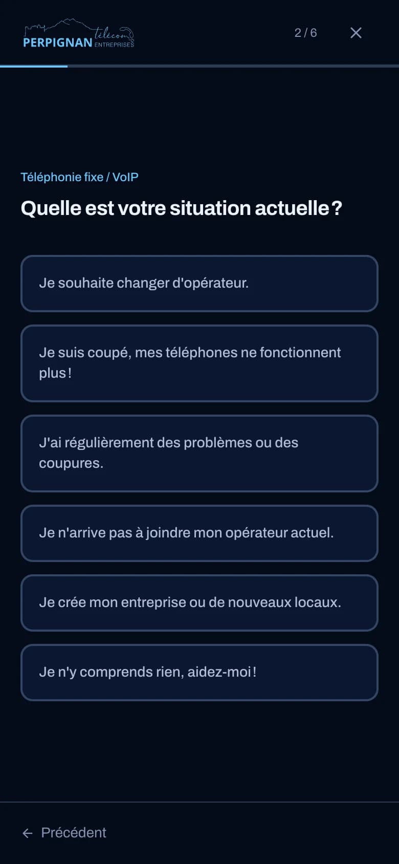 Perpignan Télécom quote request on mobile: ‘What is your current situation?’ with six answers to choose from