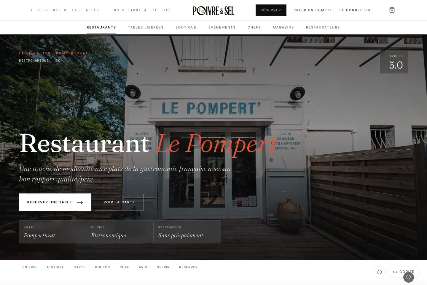 Fiche du restaurant Le Pompert' sur Poivre & Sel, avec le bouton de réservation