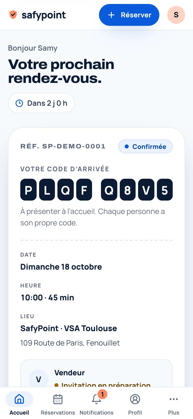 SafyPoint customer area on mobile: next appointment with the arrival code, and a tab bar with Home, Bookings, Notifications, Profile, More