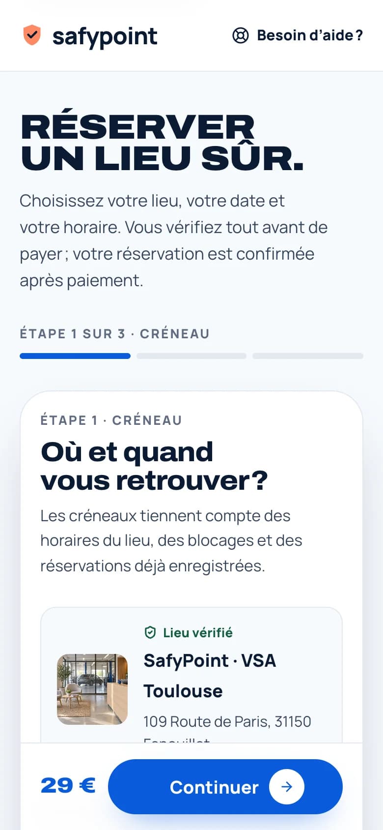 SafyPoint booking on mobile: step 1 of 3 with the €29 price and the Continue button fixed to the bottom of the screen