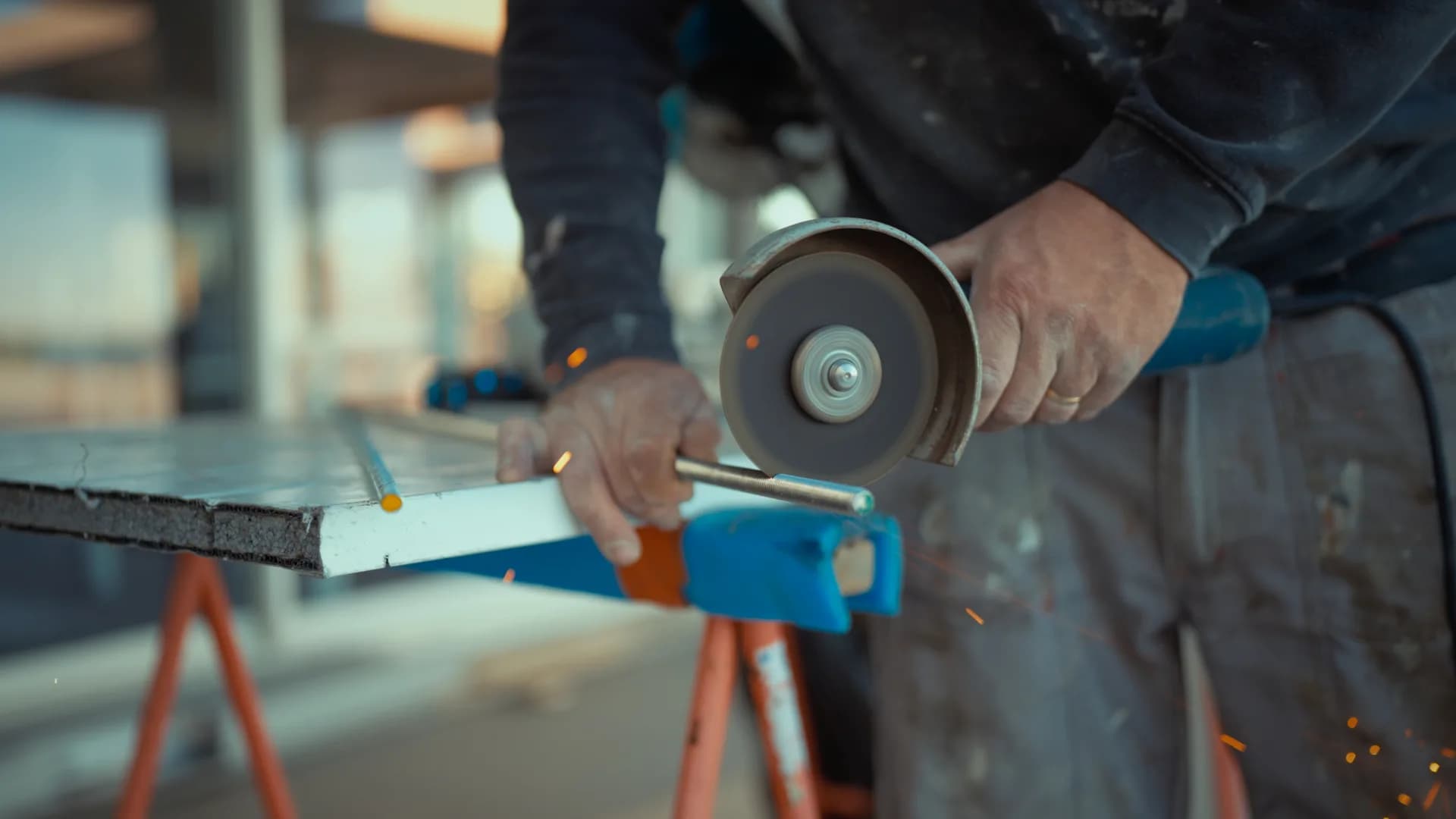 Angle grinder cutting, in close-up