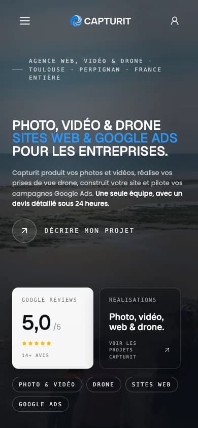 Capturit home page on mobile, with the Google rating and access to a quote