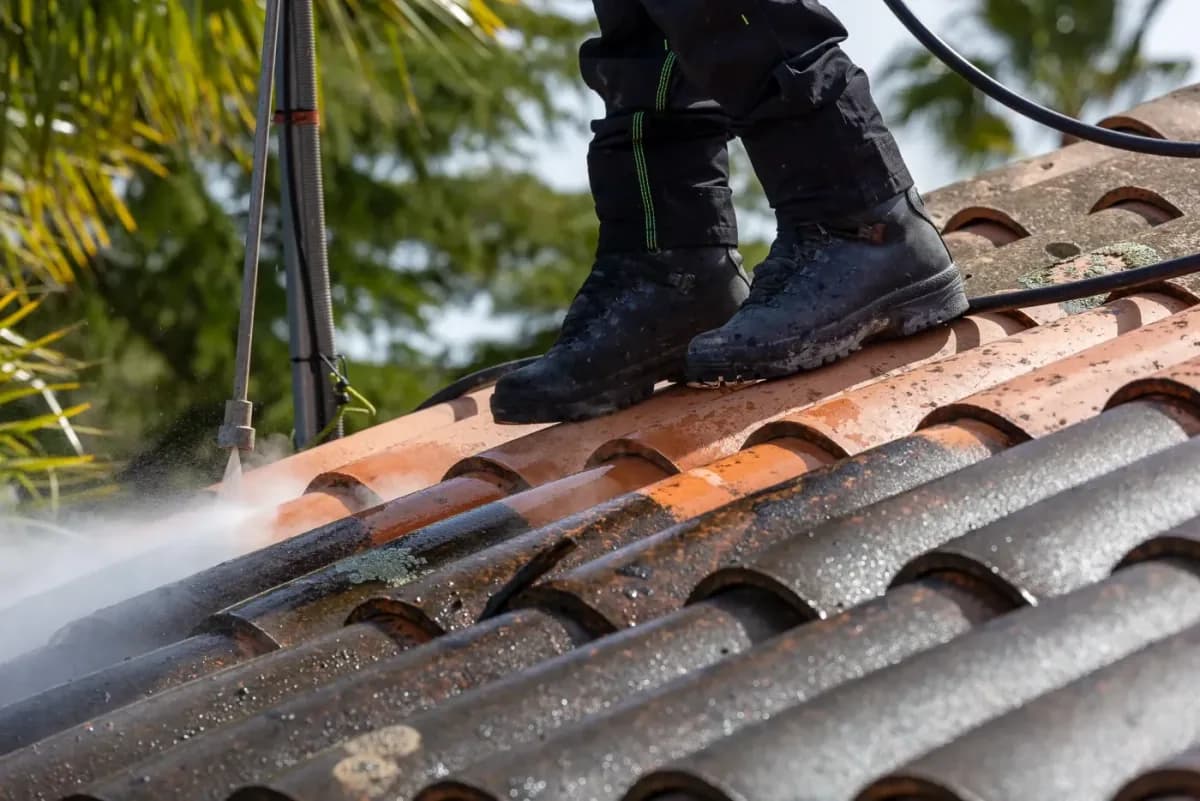 Pressure washing a tiled roof