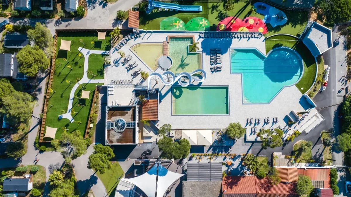 Aerial view of the pools and slides of a water park