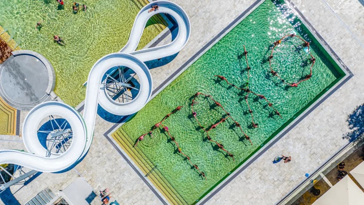 Waterslides and pool seen from directly above