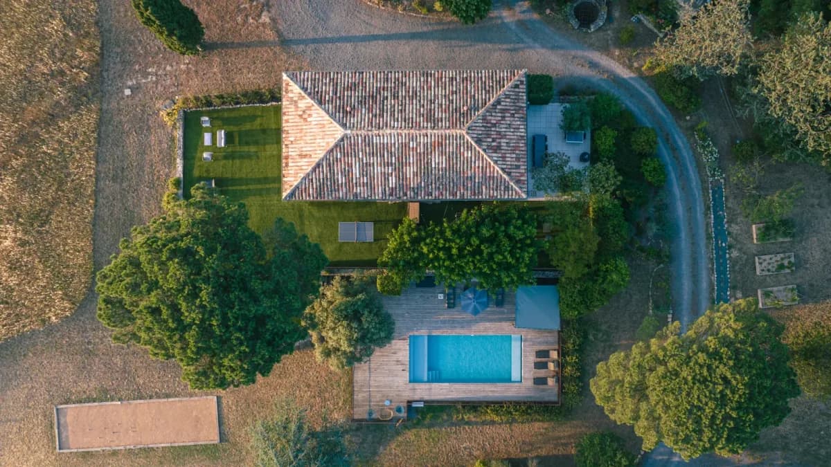 Overhead shot of a roof and pool