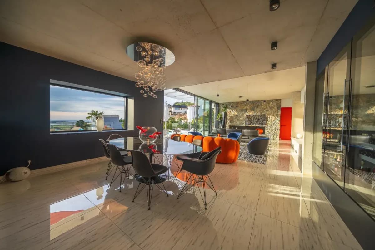 Dining room and picture windows in a contemporary house