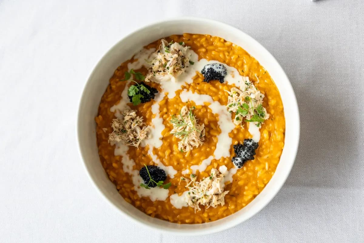 Orange risotto on a white plate
