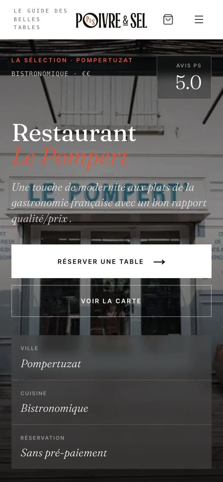 A Poivre & Sel restaurant page on a phone, with the booking button