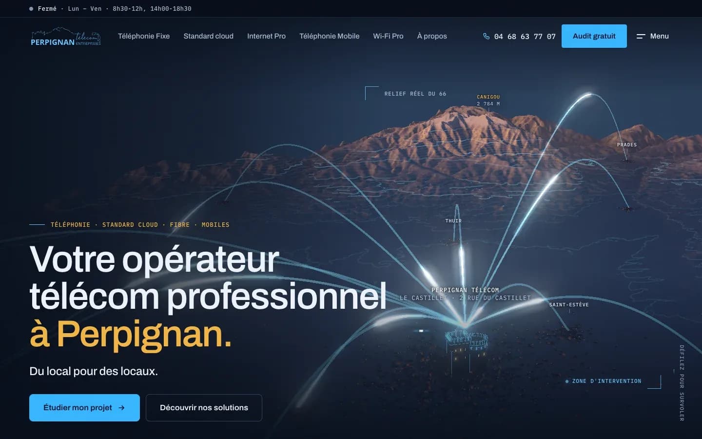 Perpignan Télécom home page: a telecoms operator for businesses, at night facing the Canigou