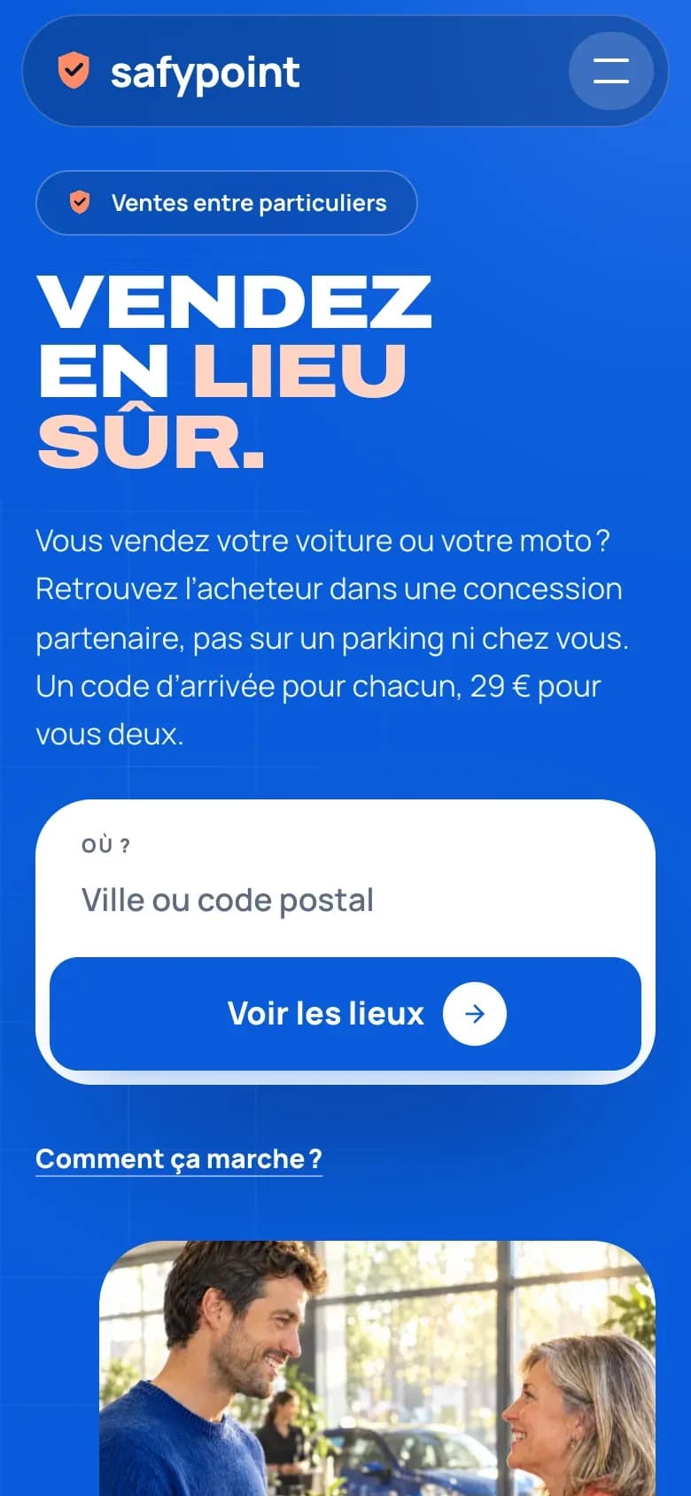 La page d'accueil de SafyPoint sur un téléphone : vendre sa voiture dans un lieu sûr