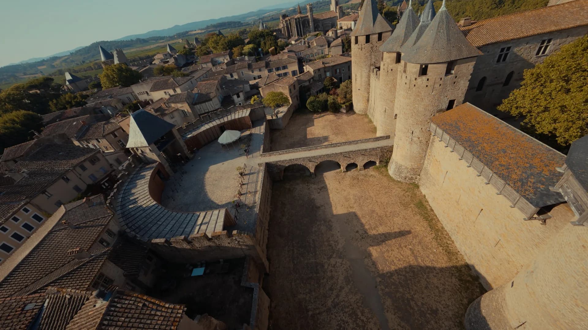 The ramparts and castle of the Cité de Carcassonne, filmed with an FPV drone